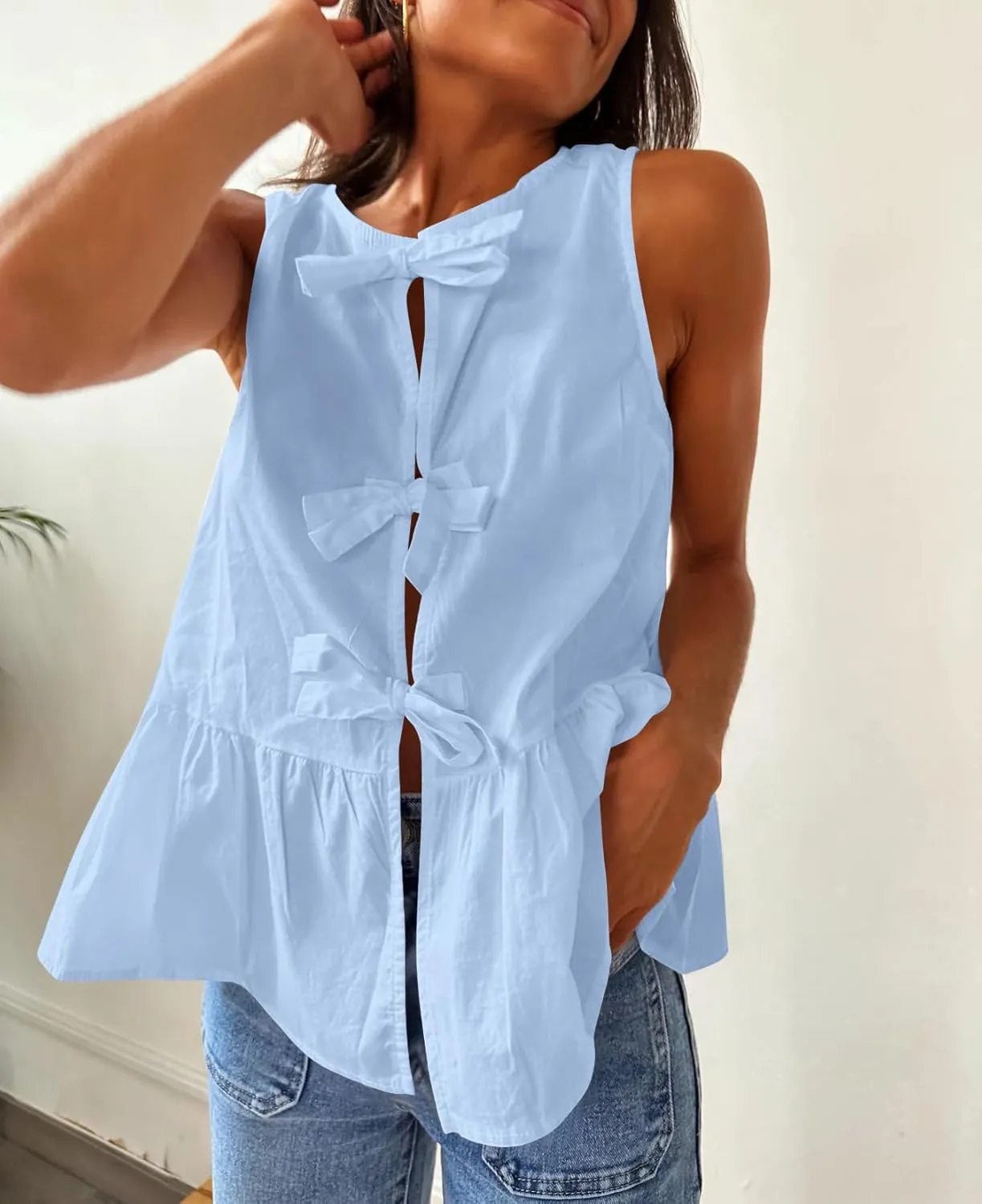 BAIGRAM Women Trendy Bow Tie Front Babydoll Tank Tops Sleeveless Peplum Ruffle Blouse Tie Up Summer Casual Dressy Tunic