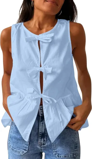 BAIGRAM Women Trendy Bow Tie Front Babydoll Tank Tops Sleeveless Peplum Ruffle Blouse Tie Up Summer Casual Dressy Tunic