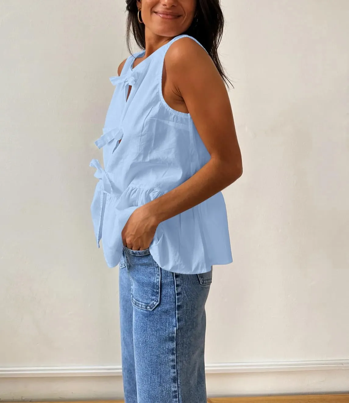BAIGRAM Women Trendy Bow Tie Front Babydoll Tank Tops Sleeveless Peplum Ruffle Blouse Tie Up Summer Casual Dressy Tunic