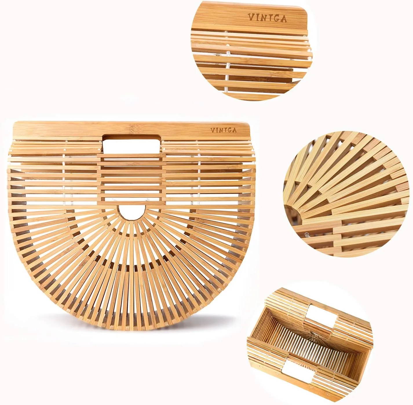 Bamboo Bags for Women Summer Straw Bags Wooden Beach Purses Basket Handle Handbags