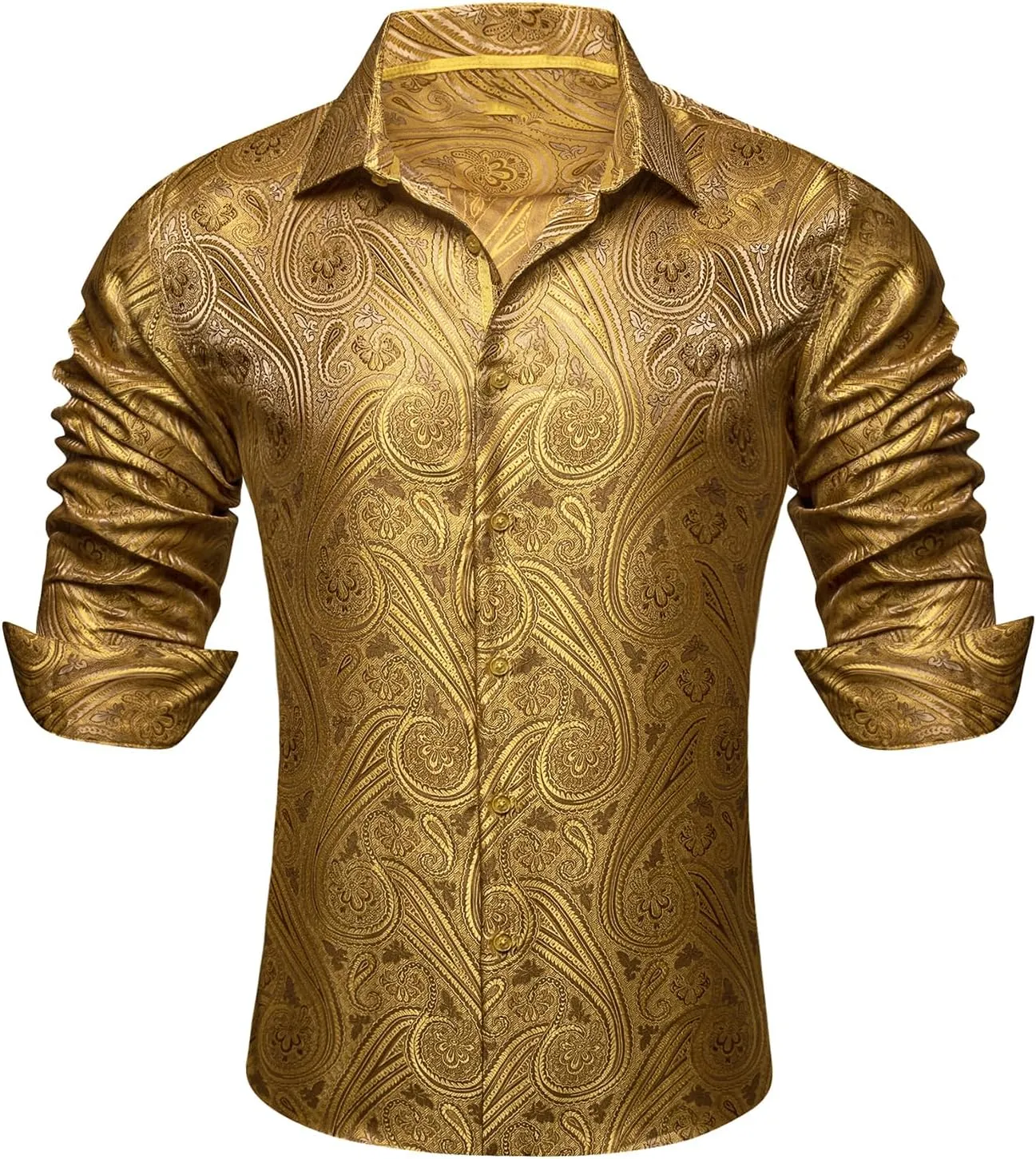 Barry.Wang Men Dress Shirts Paisley 70s Disco Shirt Button Down Silk Long Sleeve Tops for Wedding/Prom/Party/Nightclub