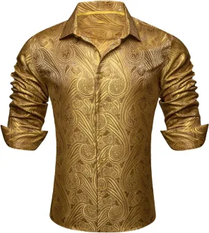 Barry.Wang Men Dress Shirts Paisley 70s Disco Shirt Button Down Silk Long Sleeve Tops for Wedding/Prom/Party/Nightclub