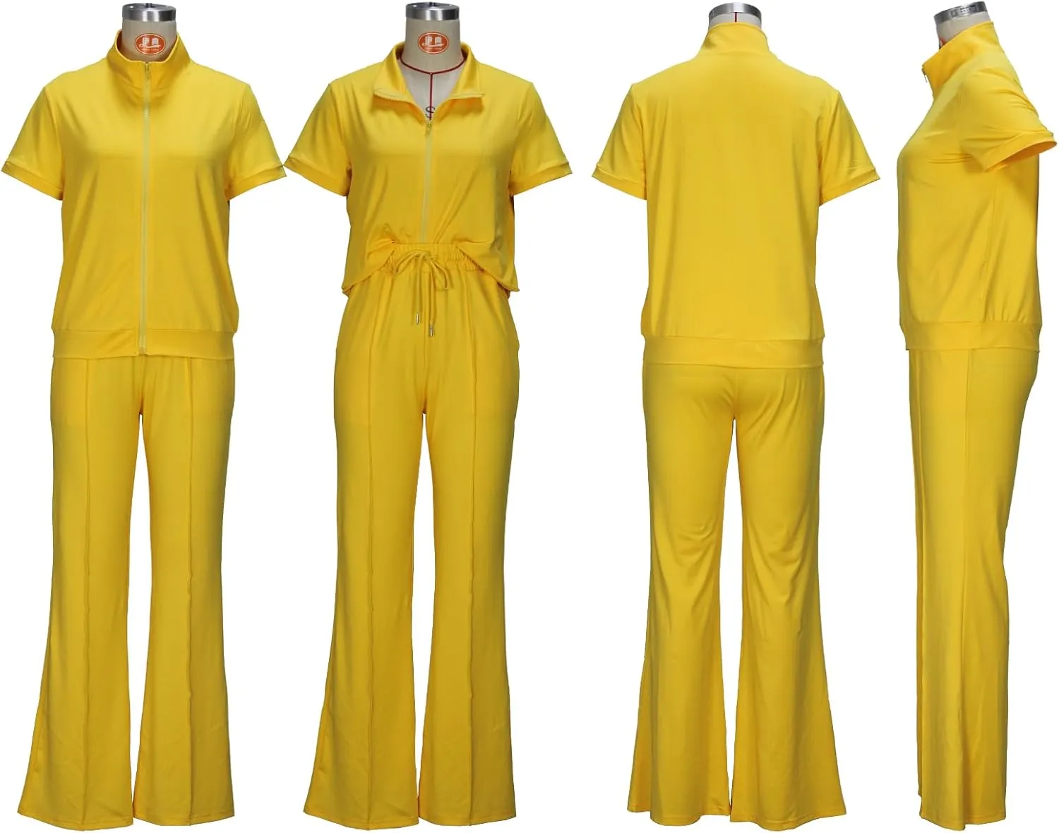 Batehif Women's Lounge Outfits Two Piece Sets 80s 90s Short Sleeve Zipper Top Flare Legging Pants