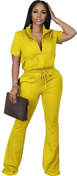 Batehif Women's Lounge Outfits Two Piece Sets 80s 90s Short Sleeve Zipper Top Flare Legging Pants