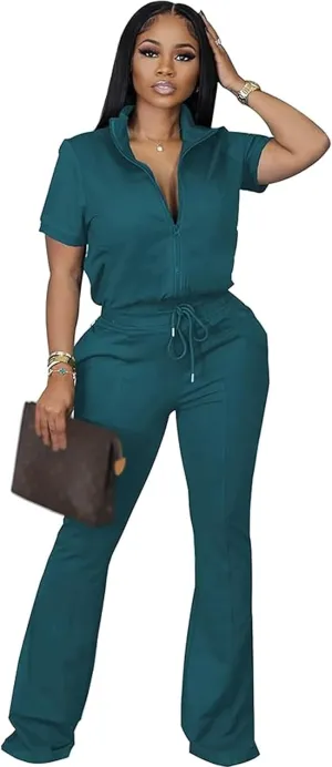 Batehif Women's Lounge Outfits Two Piece Sets 80s 90s Short Sleeve Zipper Top Flare Legging Pants