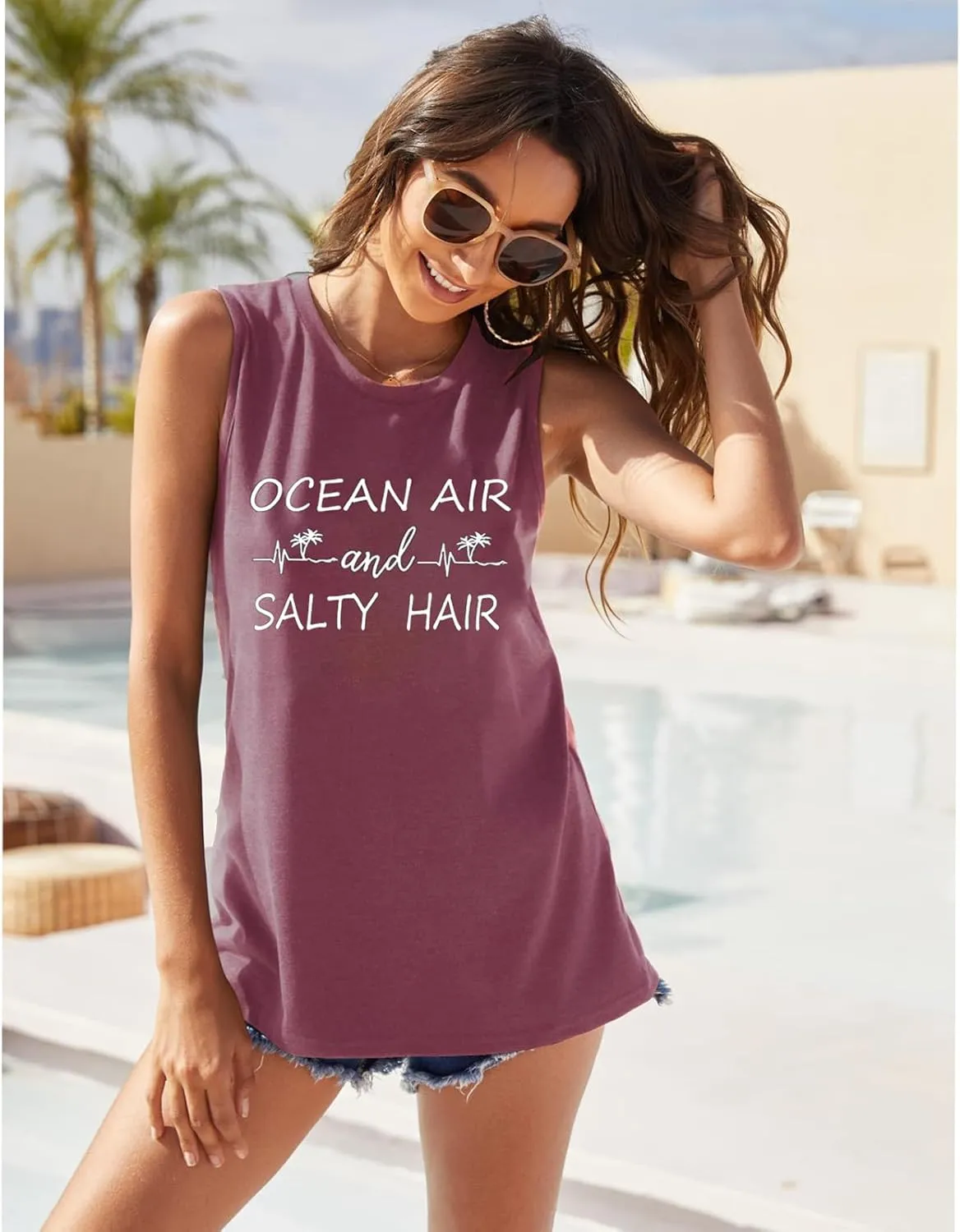 Beach Tank Tops Women Ocean Air and Salty Hair Summer Casual Graphic Sleeveless Shirts Women Vacation Vest Shirts