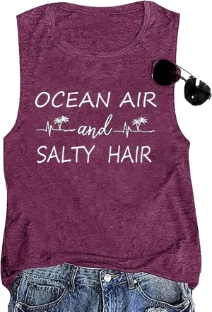 Beach Tank Tops Women Ocean Air and Salty Hair Summer Casual Graphic Sleeveless Shirts Women Vacation Vest Shirts
