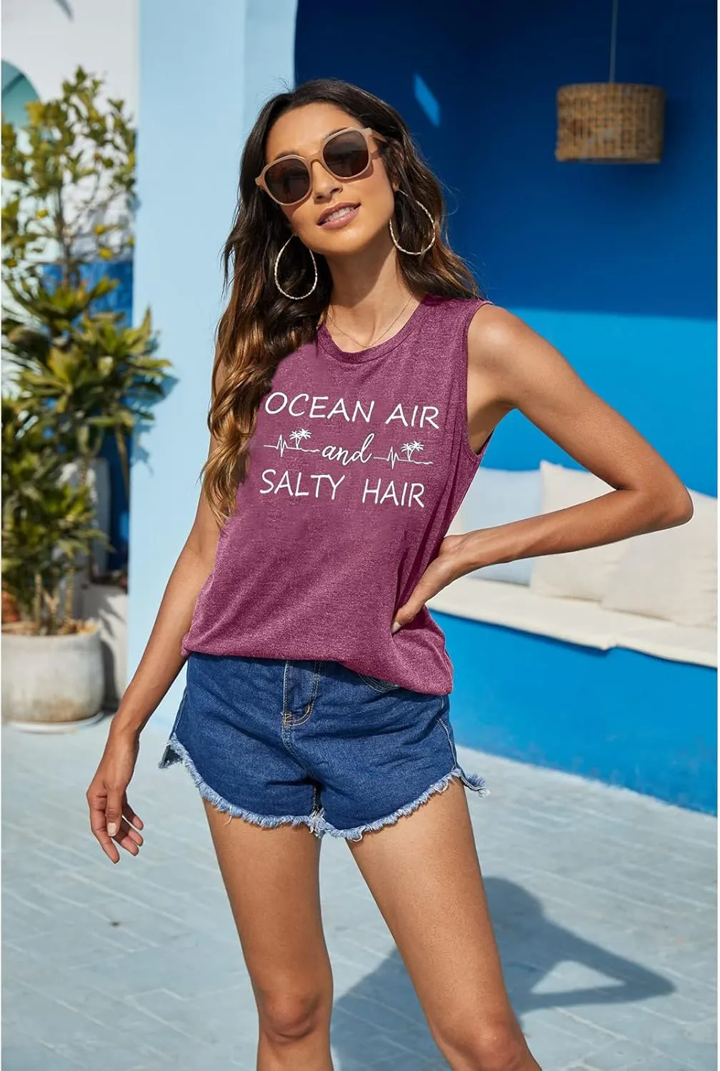 Beach Tank Tops Women Ocean Air and Salty Hair Summer Casual Graphic Sleeveless Shirts Women Vacation Vest Shirts