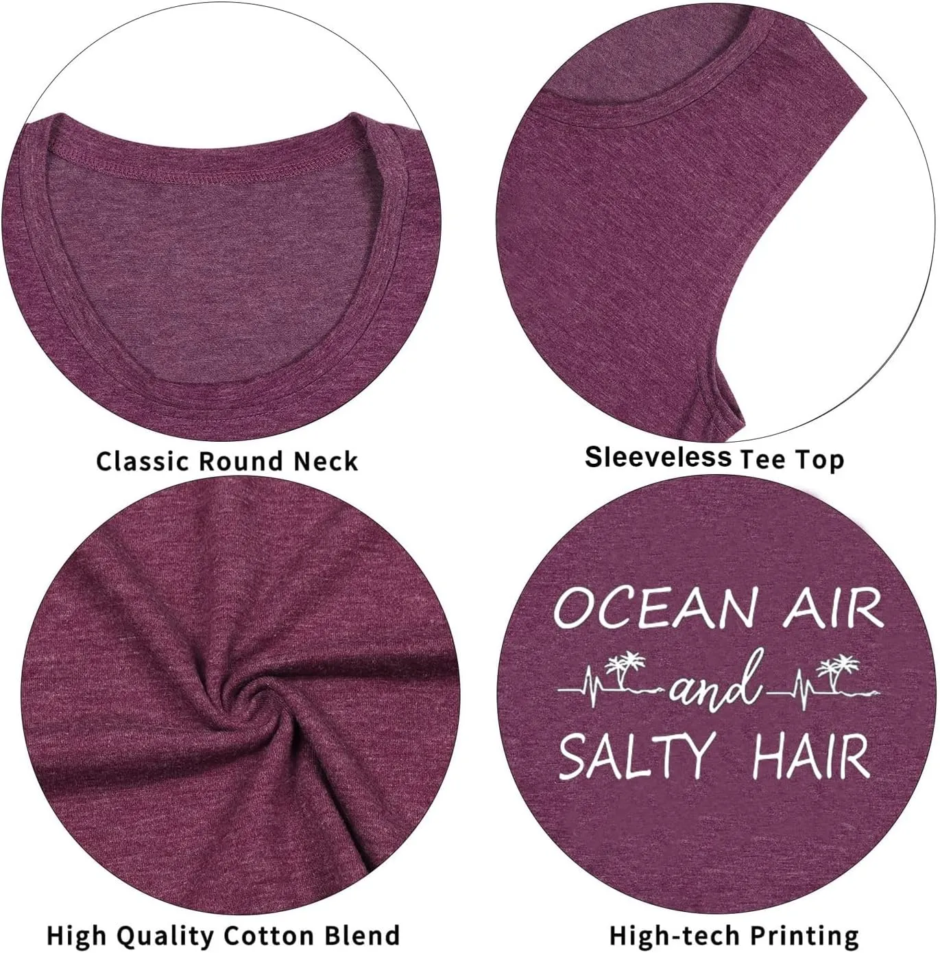 Beach Tank Tops Women Ocean Air and Salty Hair Summer Casual Graphic Sleeveless Shirts Women Vacation Vest Shirts