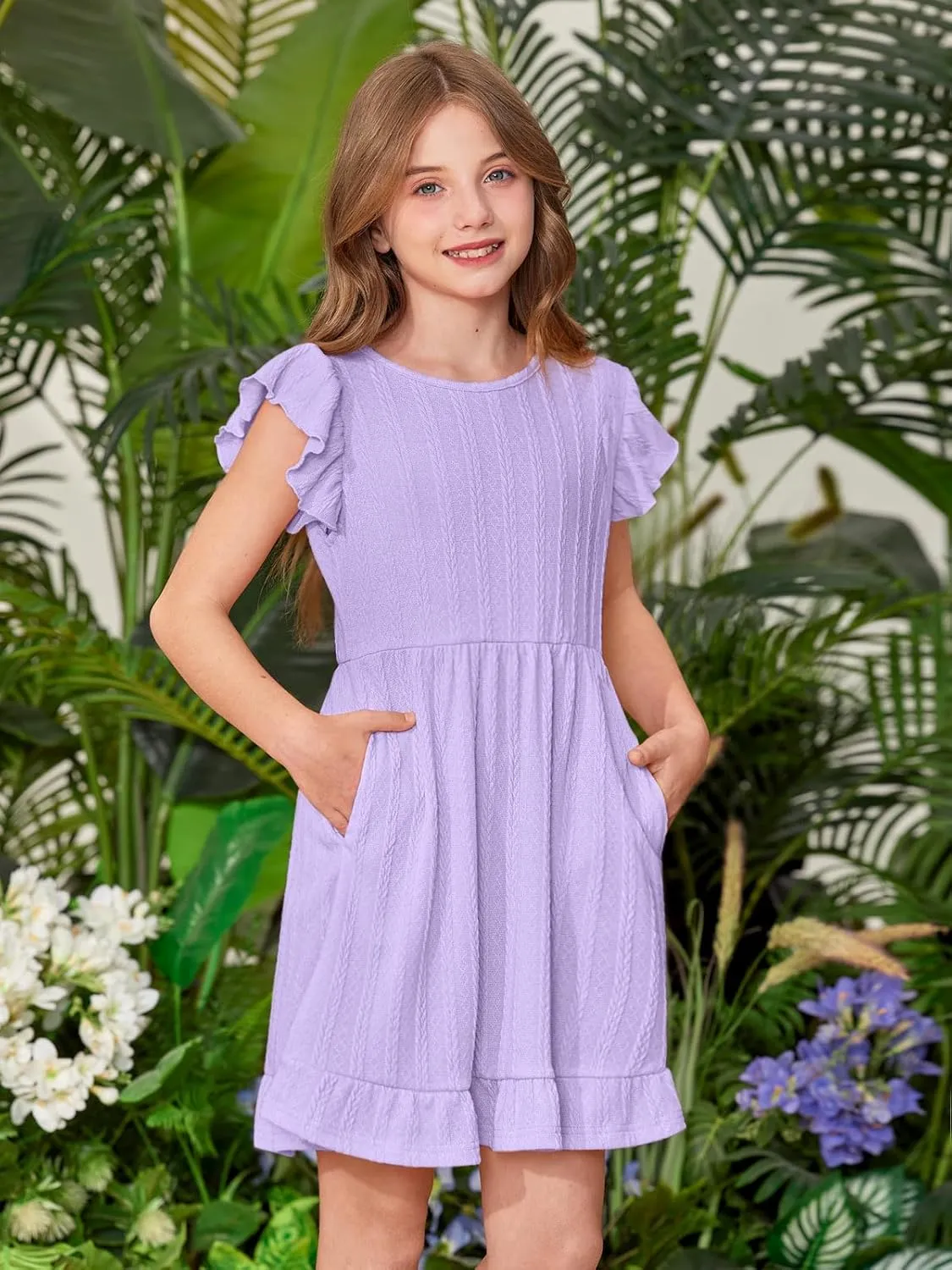 BesserBay Girls Crew Neck Ruffle Flutter Sleeve Midi Dress Knit Elastic Waist Ruffle Hem Swing Dress with Pockets 5-14 Years