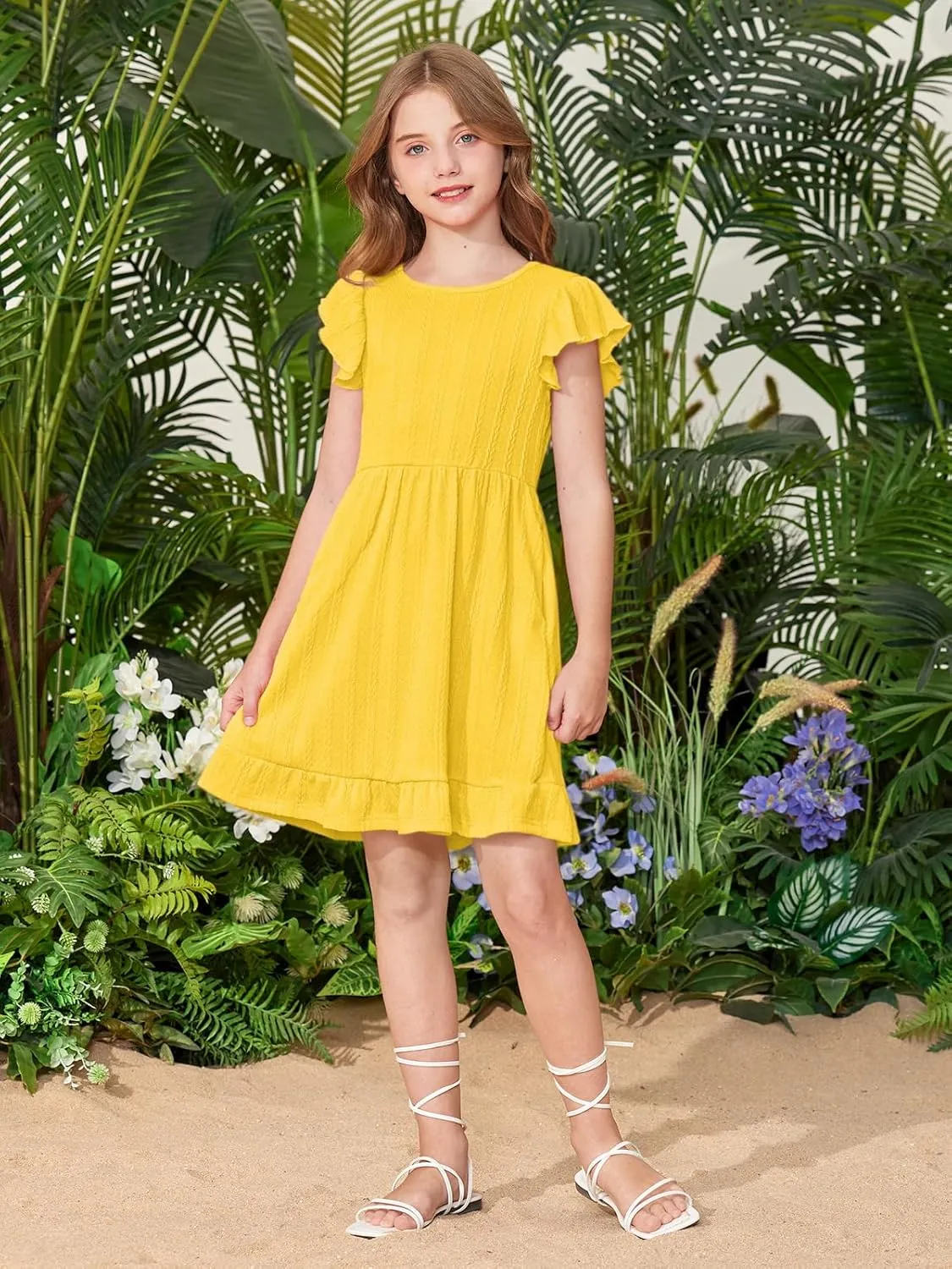 BesserBay Girls Crew Neck Ruffle Flutter Sleeve Midi Dress Knit Elastic Waist Ruffle Hem Swing Dress with Pockets 5-14 Years