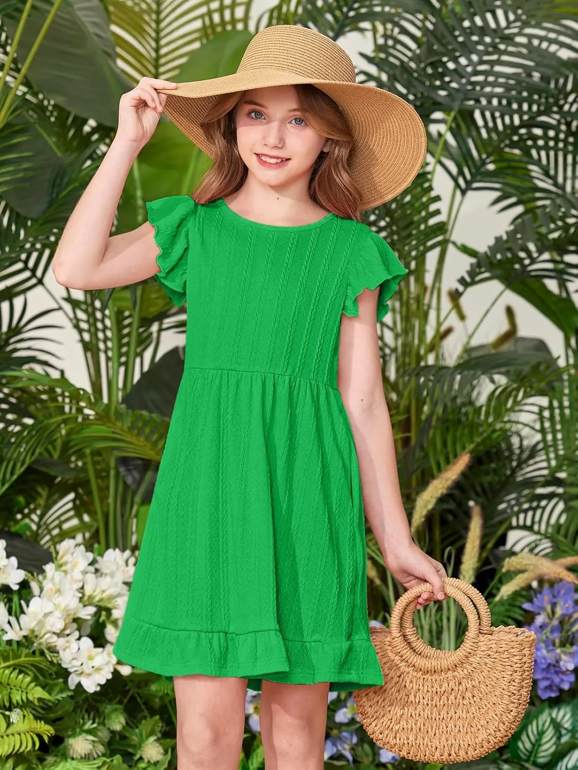 BesserBay Girls Crew Neck Ruffle Flutter Sleeve Midi Dress Knit Elastic Waist Ruffle Hem Swing Dress with Pockets 5-14 Years