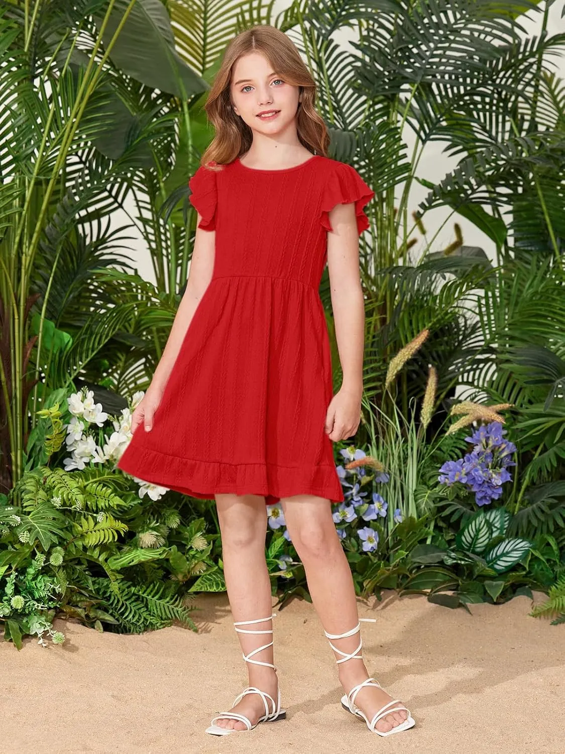 BesserBay Girls Crew Neck Ruffle Flutter Sleeve Midi Dress Knit Elastic Waist Ruffle Hem Swing Dress with Pockets 5-14 Years