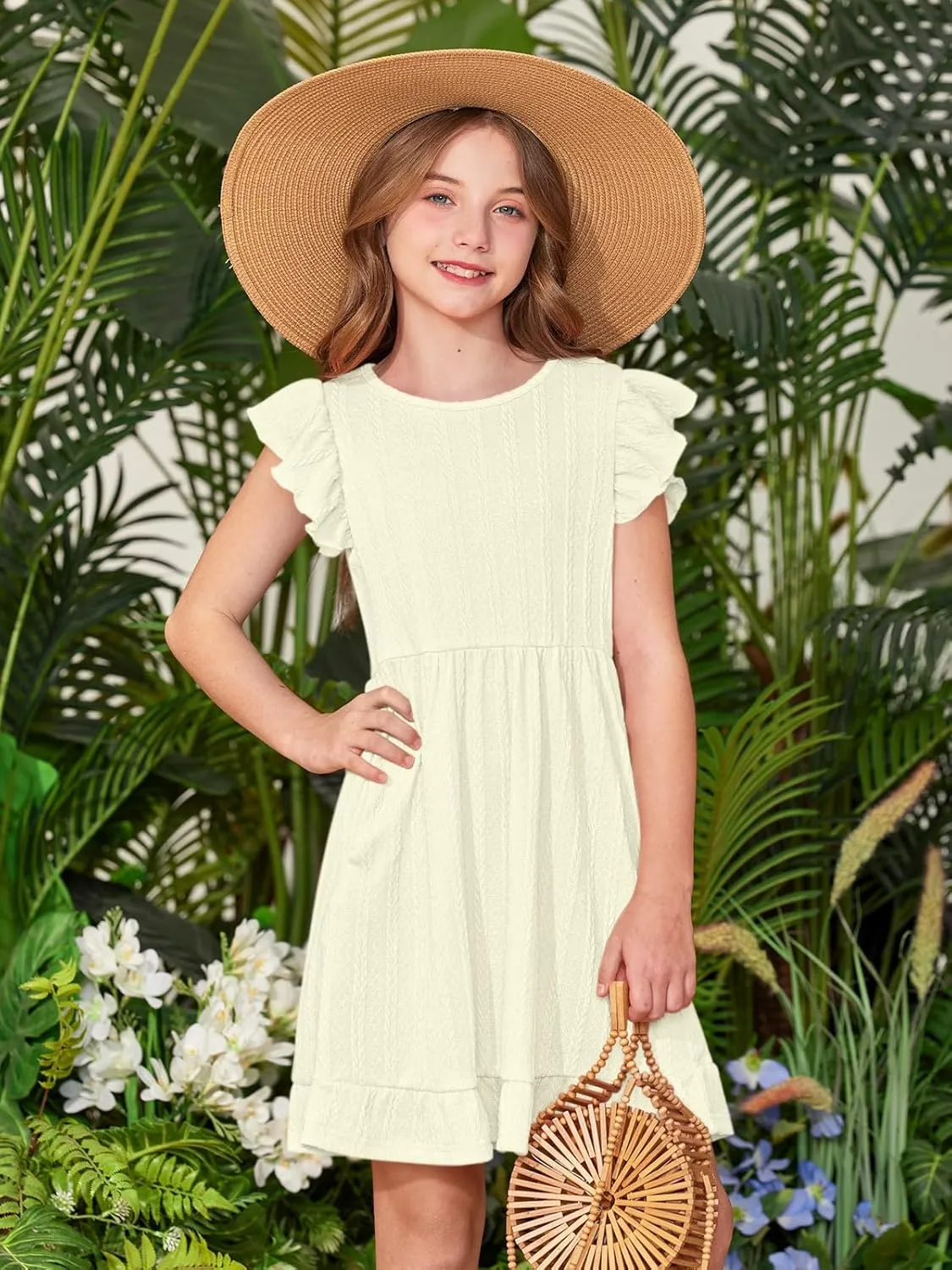 BesserBay Girls Crew Neck Ruffle Flutter Sleeve Midi Dress Knit Elastic Waist Ruffle Hem Swing Dress with Pockets 5-14 Years