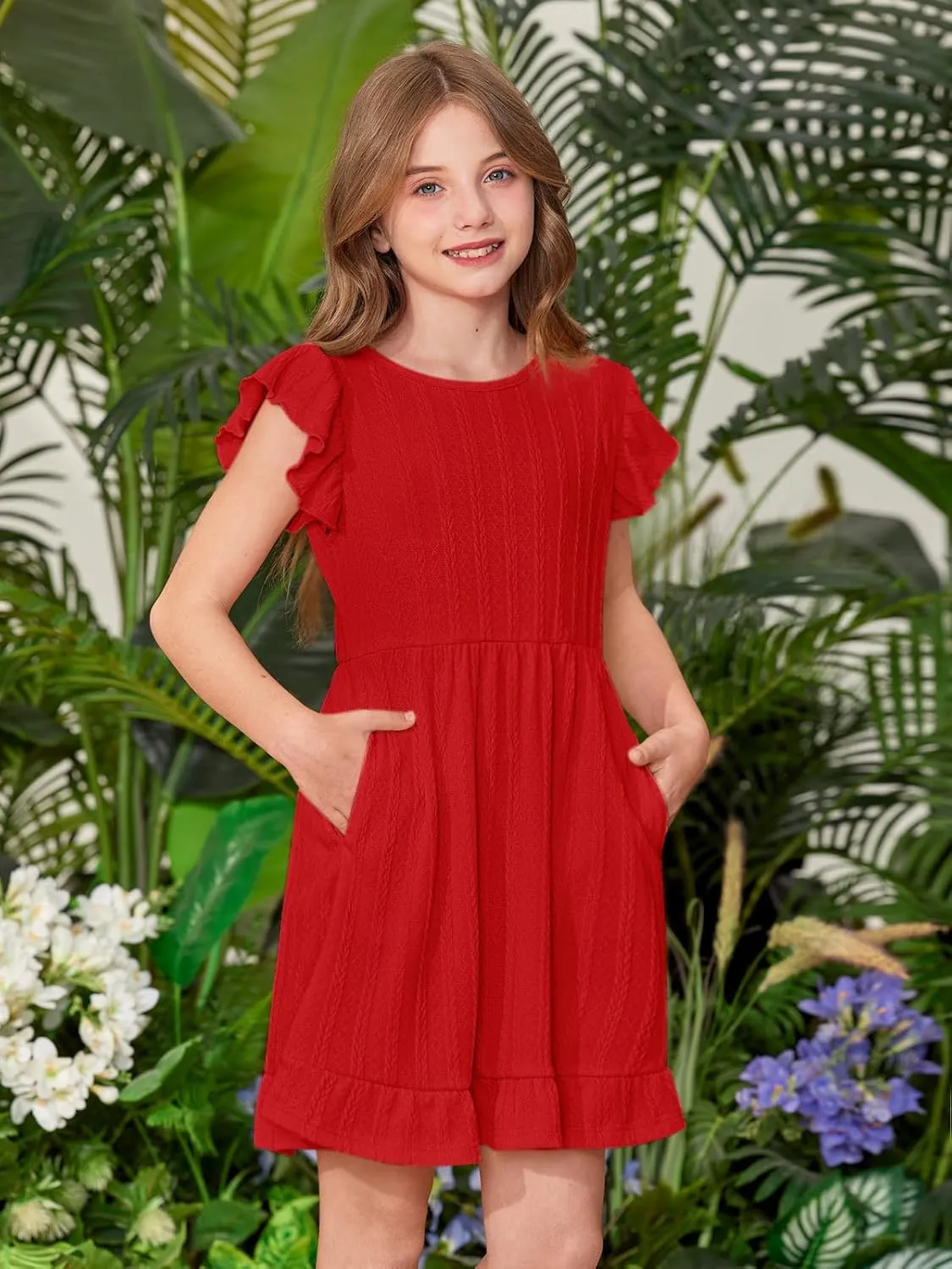 BesserBay Girls Crew Neck Ruffle Flutter Sleeve Midi Dress Knit Elastic Waist Ruffle Hem Swing Dress with Pockets 5-14 Years