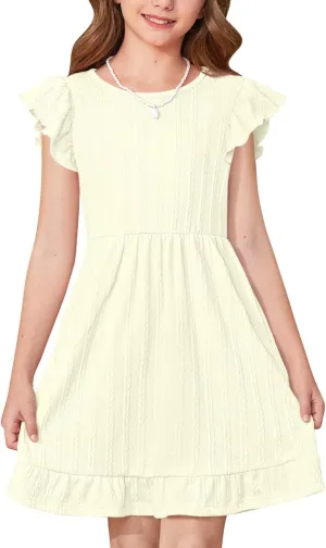 BesserBay Girls Crew Neck Ruffle Flutter Sleeve Midi Dress Knit Elastic Waist Ruffle Hem Swing Dress with Pockets 5-14 Years
