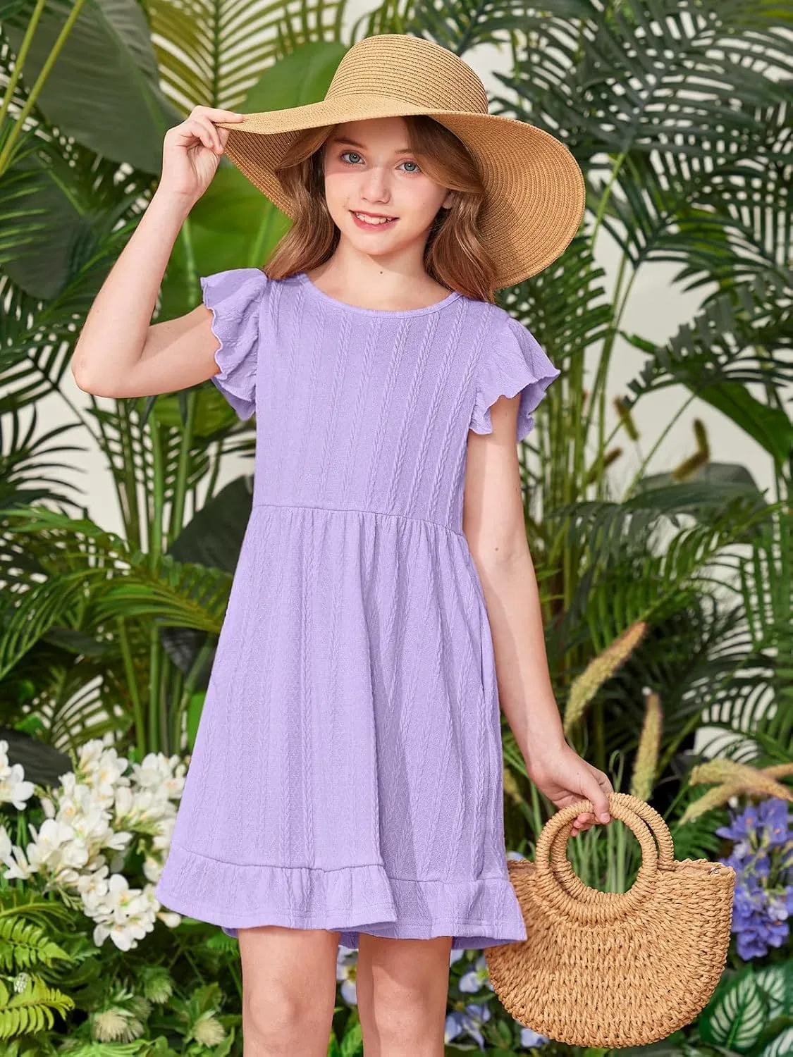 BesserBay Girls Crew Neck Ruffle Flutter Sleeve Midi Dress Knit Elastic Waist Ruffle Hem Swing Dress with Pockets 5-14 Years