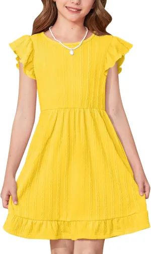 BesserBay Girls Crew Neck Ruffle Flutter Sleeve Midi Dress Knit Elastic Waist Ruffle Hem Swing Dress with Pockets 5-14 Years