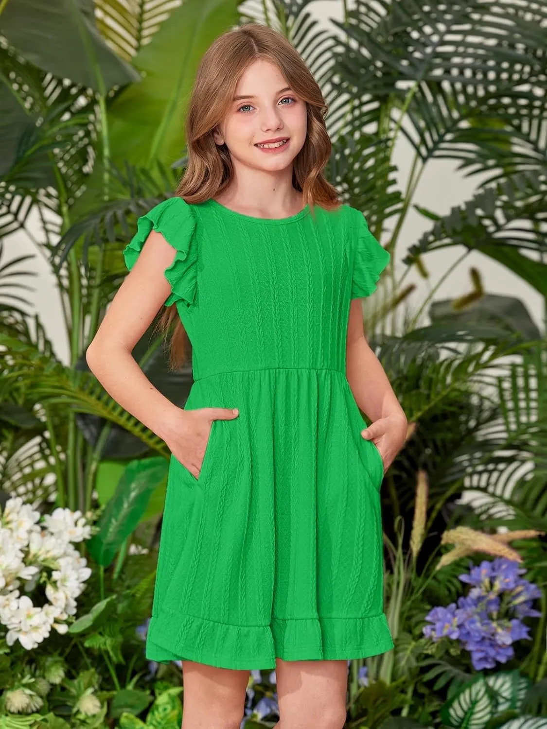 BesserBay Girls Crew Neck Ruffle Flutter Sleeve Midi Dress Knit Elastic Waist Ruffle Hem Swing Dress with Pockets 5-14 Years