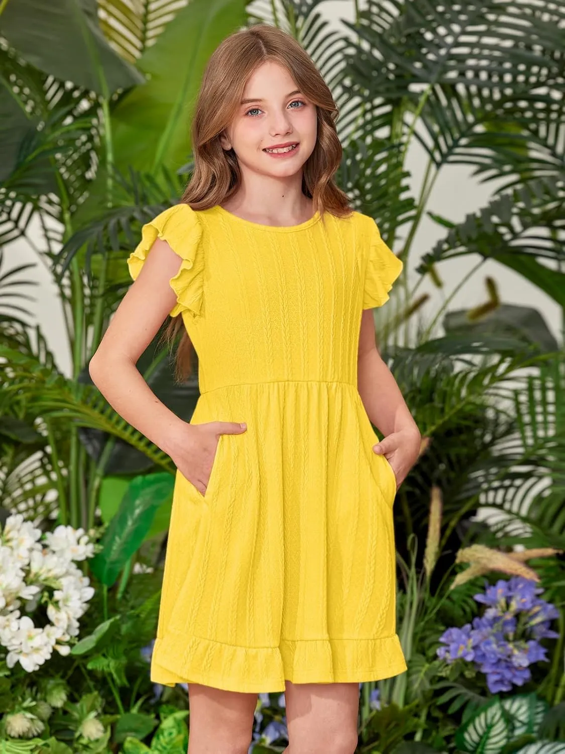 BesserBay Girls Crew Neck Ruffle Flutter Sleeve Midi Dress Knit Elastic Waist Ruffle Hem Swing Dress with Pockets 5-14 Years