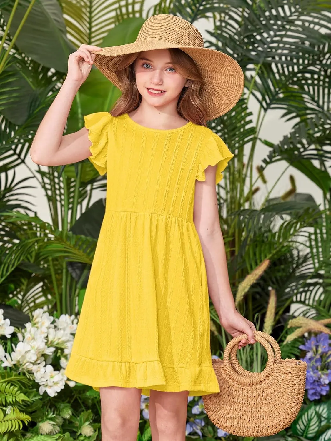 BesserBay Girls Crew Neck Ruffle Flutter Sleeve Midi Dress Knit Elastic Waist Ruffle Hem Swing Dress with Pockets 5-14 Years