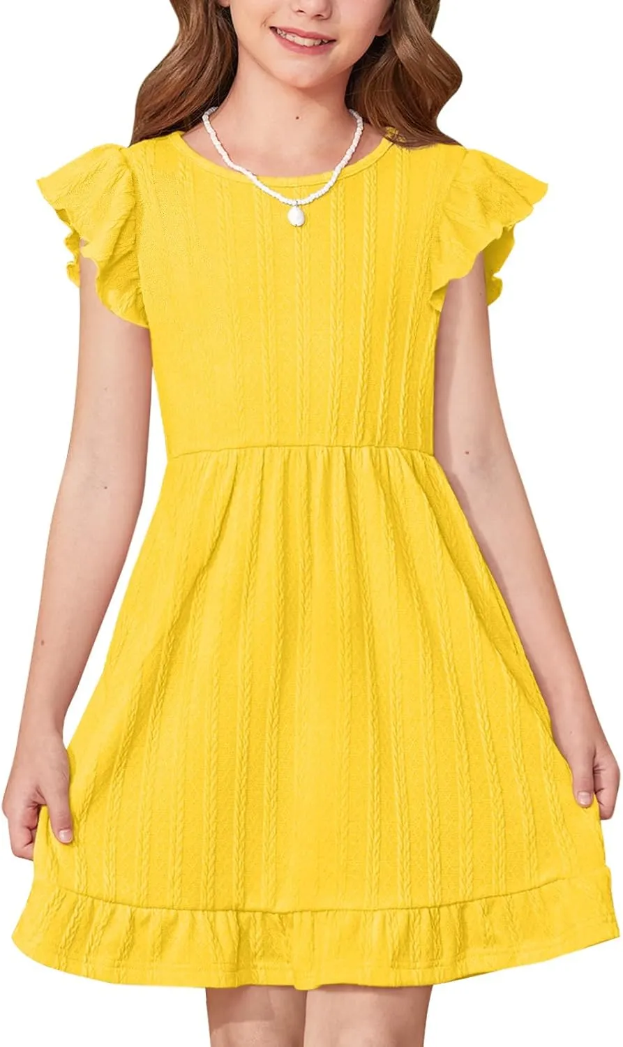 BesserBay Girls Crew Neck Ruffle Flutter Sleeve Midi Dress Knit Elastic Waist Ruffle Hem Swing Dress with Pockets 5-14 Years