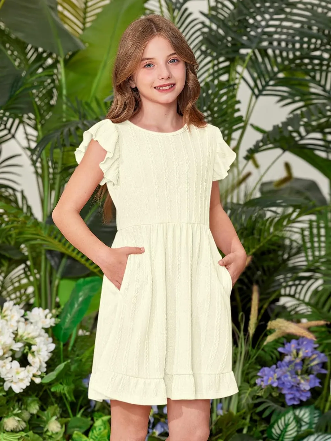 BesserBay Girls Crew Neck Ruffle Flutter Sleeve Midi Dress Knit Elastic Waist Ruffle Hem Swing Dress with Pockets 5-14 Years