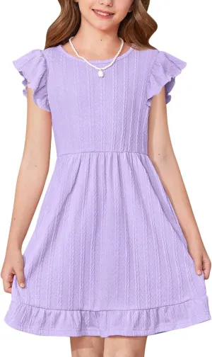 BesserBay Girls Crew Neck Ruffle Flutter Sleeve Midi Dress Knit Elastic Waist Ruffle Hem Swing Dress with Pockets 5-14 Years