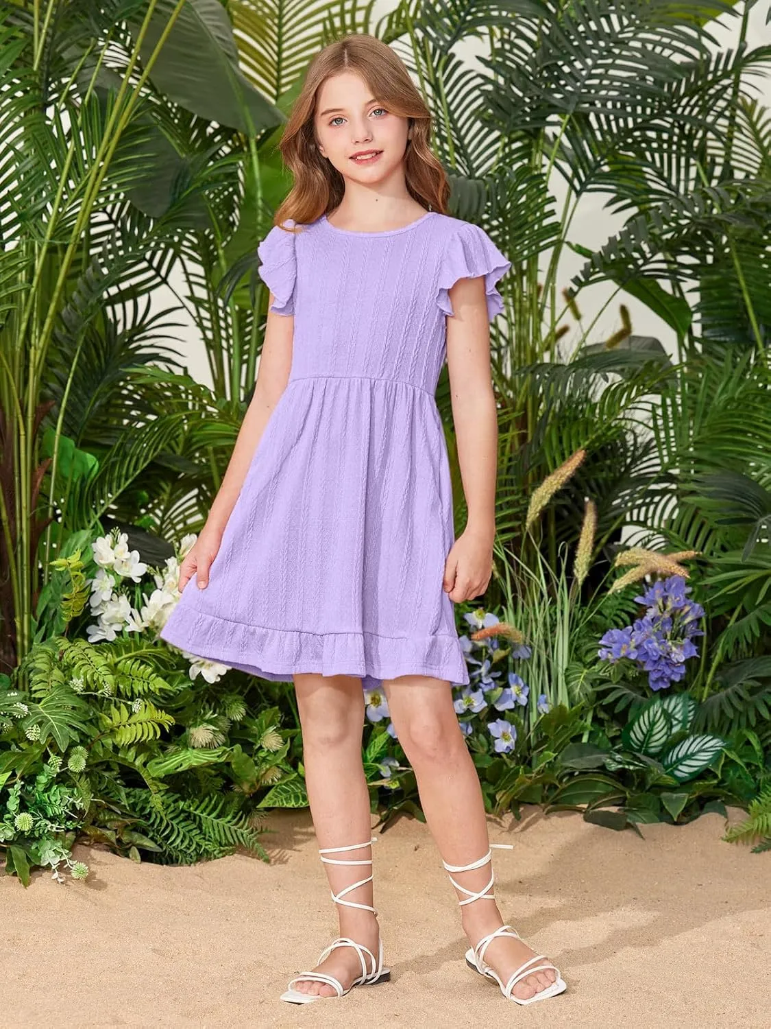 BesserBay Girls Crew Neck Ruffle Flutter Sleeve Midi Dress Knit Elastic Waist Ruffle Hem Swing Dress with Pockets 5-14 Years