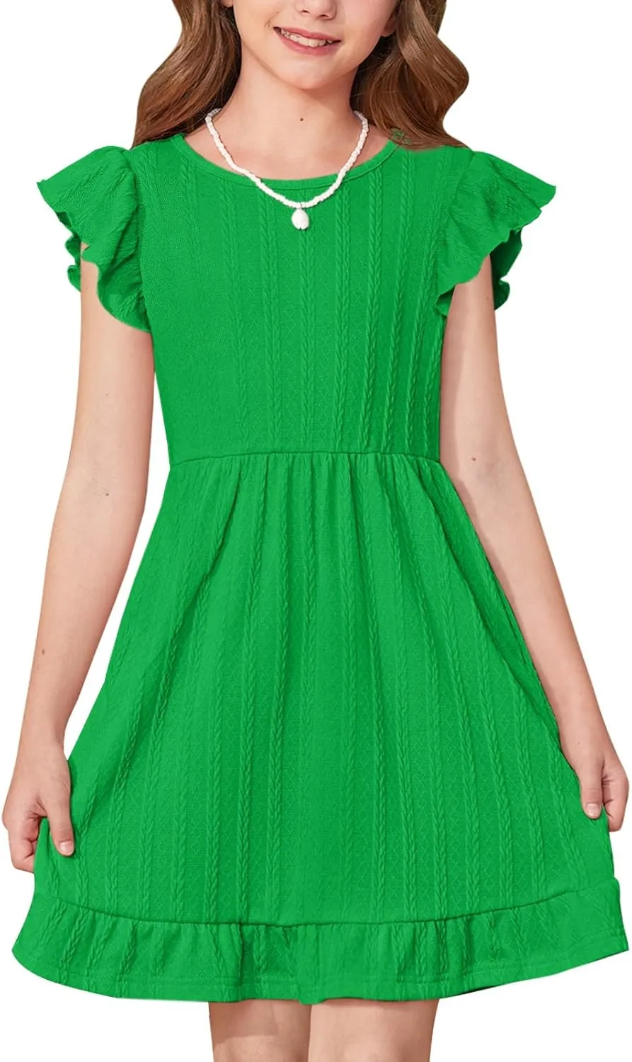 BesserBay Girls Crew Neck Ruffle Flutter Sleeve Midi Dress Knit Elastic Waist Ruffle Hem Swing Dress with Pockets 5-14 Years
