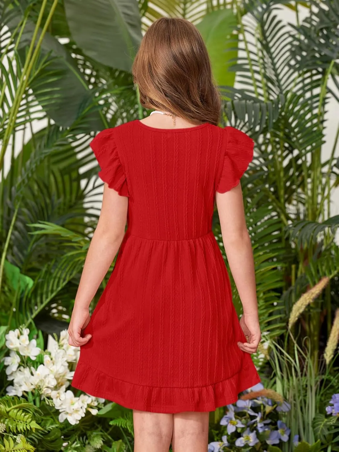 BesserBay Girls Crew Neck Ruffle Flutter Sleeve Midi Dress Knit Elastic Waist Ruffle Hem Swing Dress with Pockets 5-14 Years