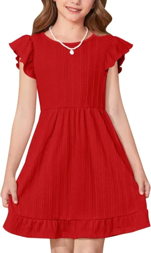 BesserBay Girls Crew Neck Ruffle Flutter Sleeve Midi Dress Knit Elastic Waist Ruffle Hem Swing Dress with Pockets 5-14 Years