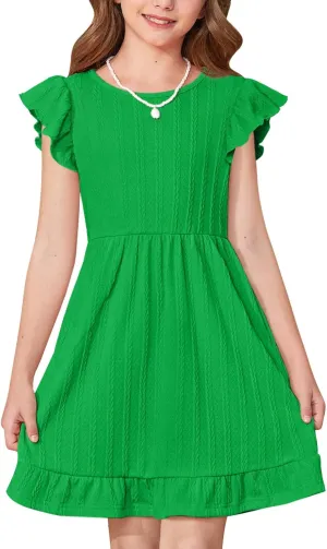 BesserBay Girls Crew Neck Ruffle Flutter Sleeve Midi Dress Knit Elastic Waist Ruffle Hem Swing Dress with Pockets 5-14 Years