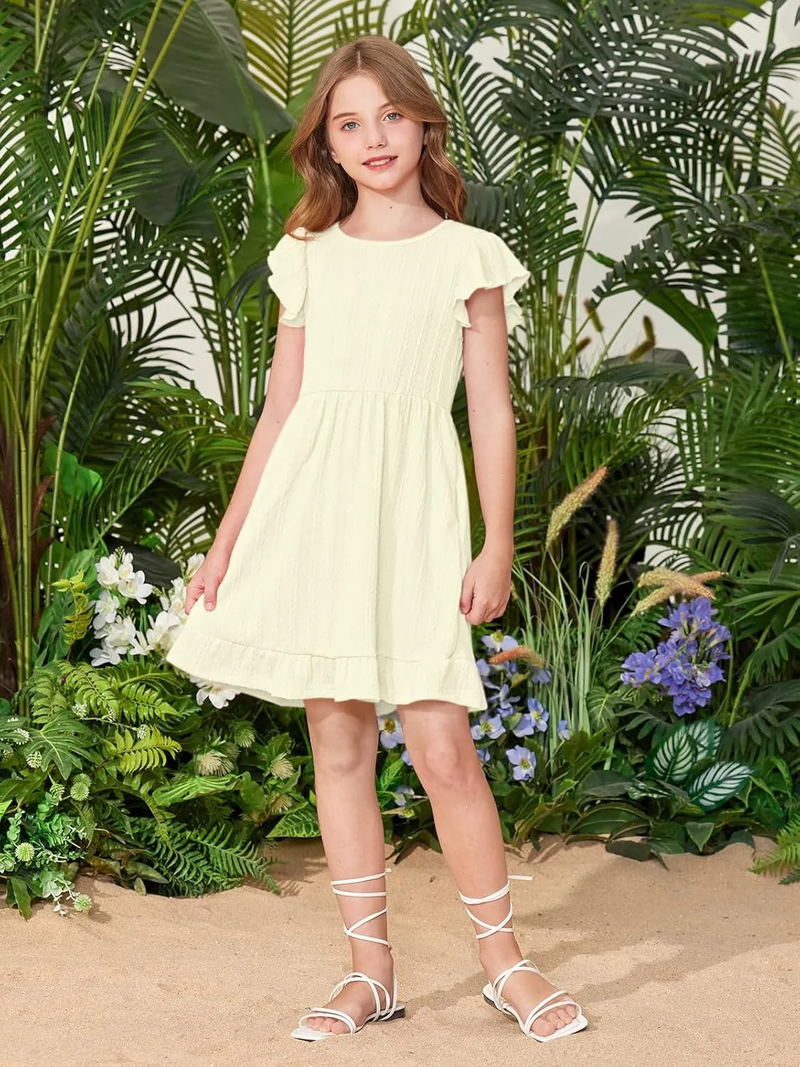 BesserBay Girls Crew Neck Ruffle Flutter Sleeve Midi Dress Knit Elastic Waist Ruffle Hem Swing Dress with Pockets 5-14 Years