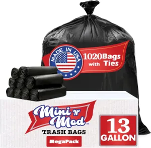 Black 13 Gallon Trash Bags  Bulk 1020 Count  Tall Kitchen Garbage Bags  13 Gal Unscented Plastic Can Liners for Bathroom, Office, Janitorial, Commercial, Industrial, Municipal  Drawstring-Free