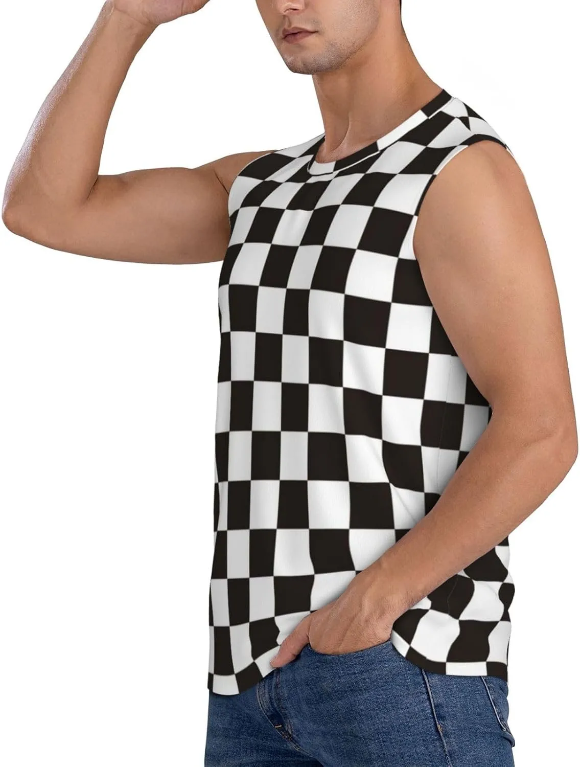 Black and White Checkerboard Sleeveless Shirts for Men, Quick Dry Workout Tank Tops Men Sleeveless Muscle Shirts