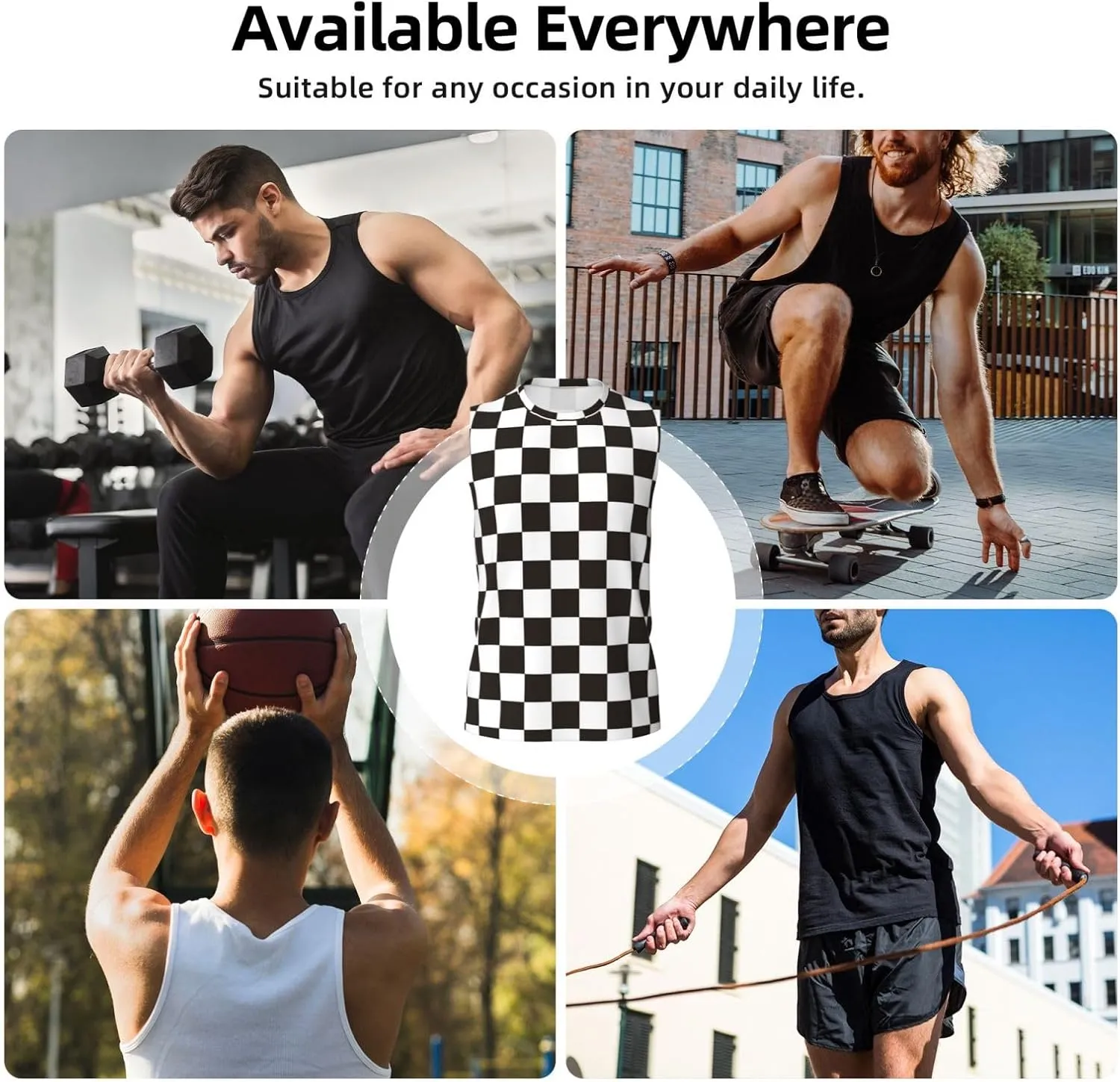 Black and White Checkerboard Sleeveless Shirts for Men, Quick Dry Workout Tank Tops Men Sleeveless Muscle Shirts