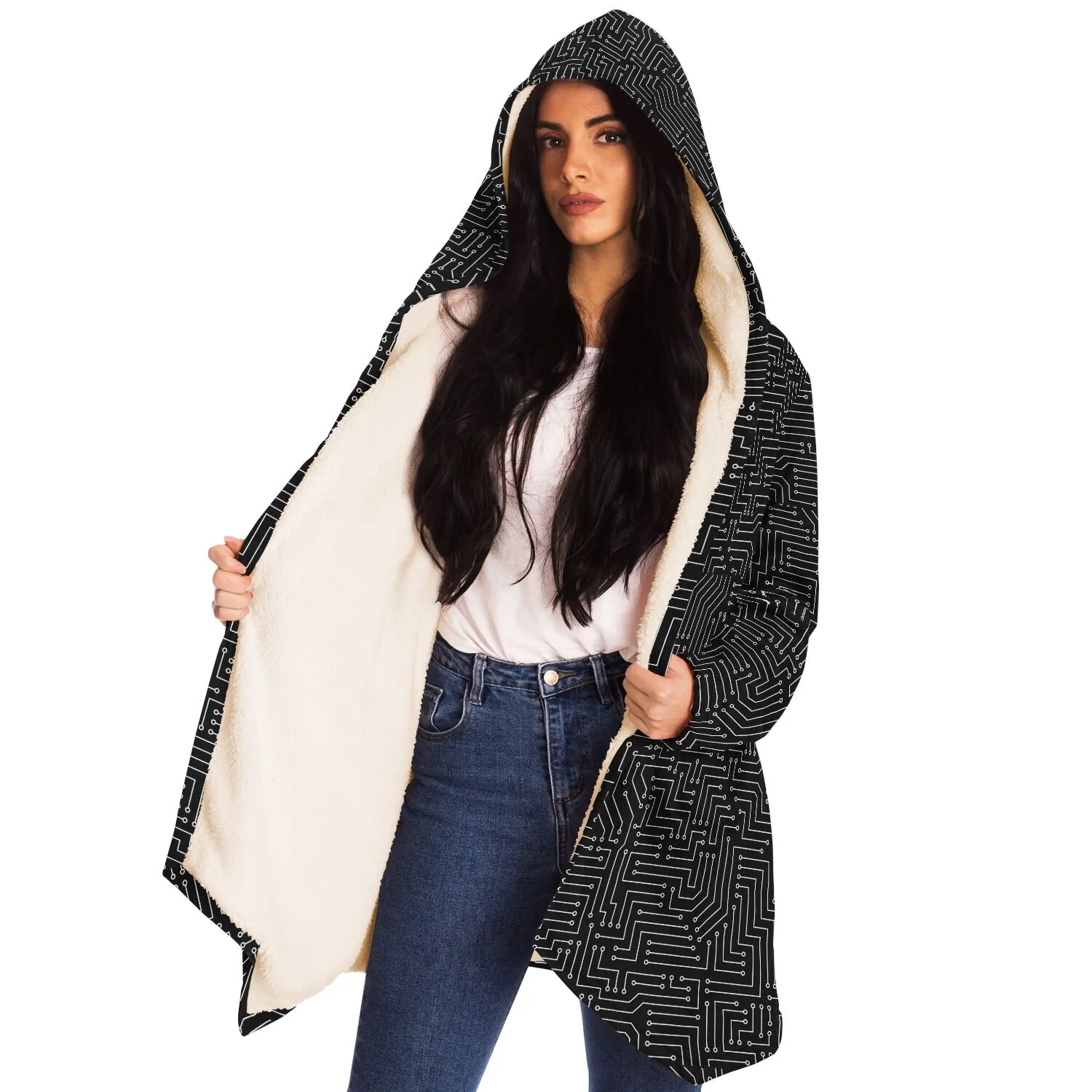 Black and White Circuit  Board Cloak - Black or White Fleece