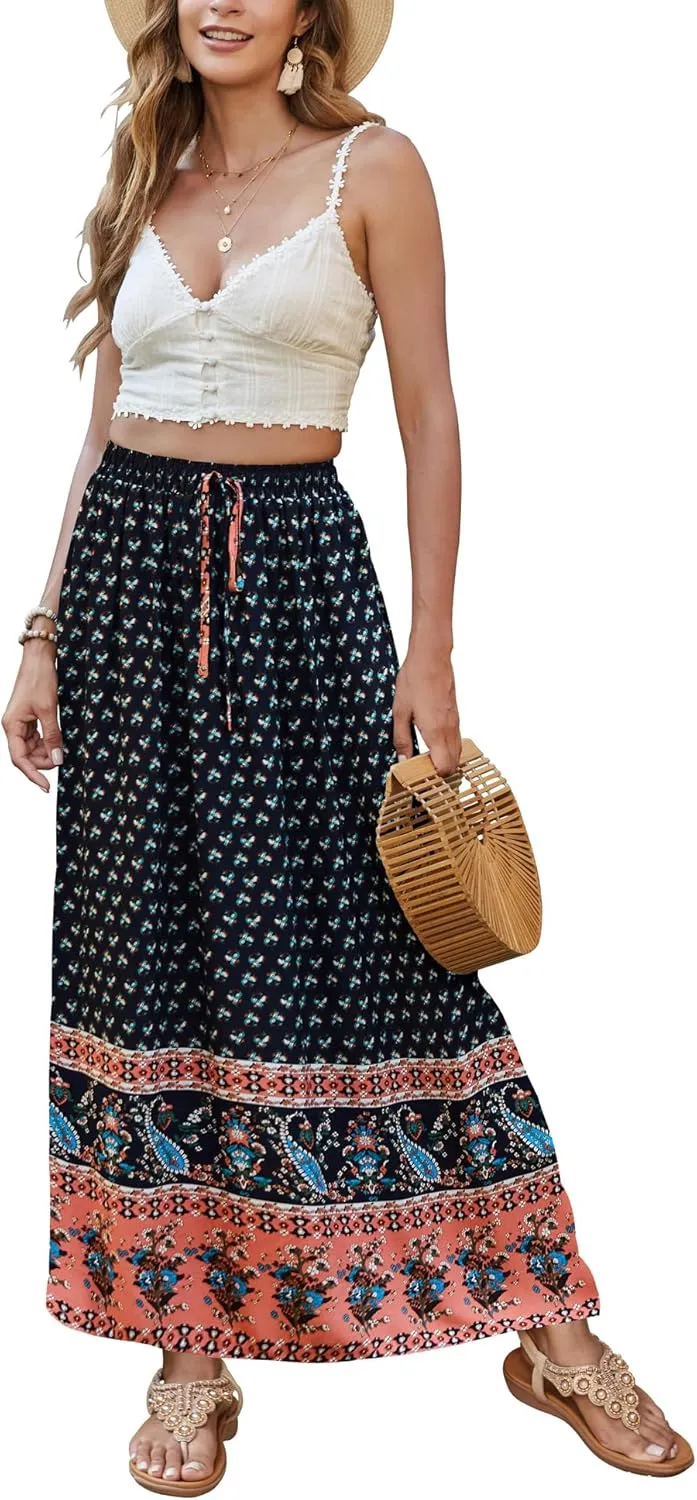 Bluetime Women Floral Print Long Skirt Boho Summer Pleated Elastic High Waisted Casual Maxi Skirt