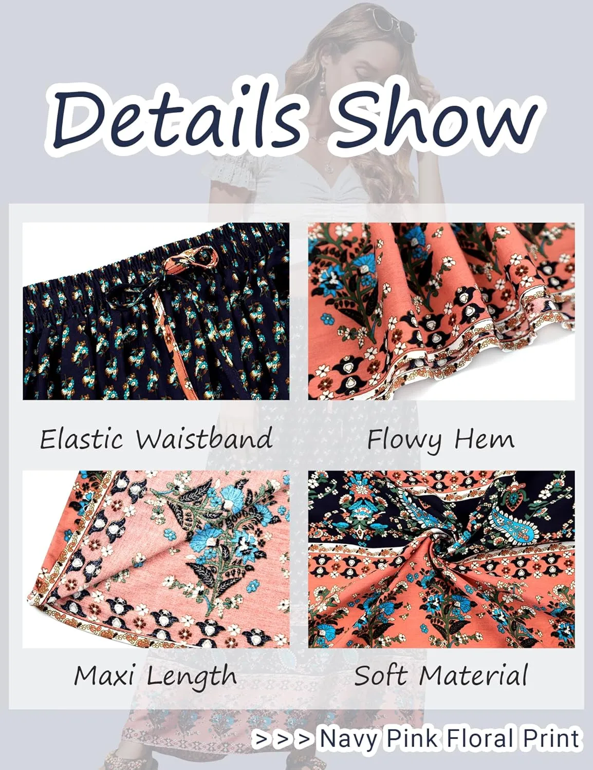 Bluetime Women Floral Print Long Skirt Boho Summer Pleated Elastic High Waisted Casual Maxi Skirt