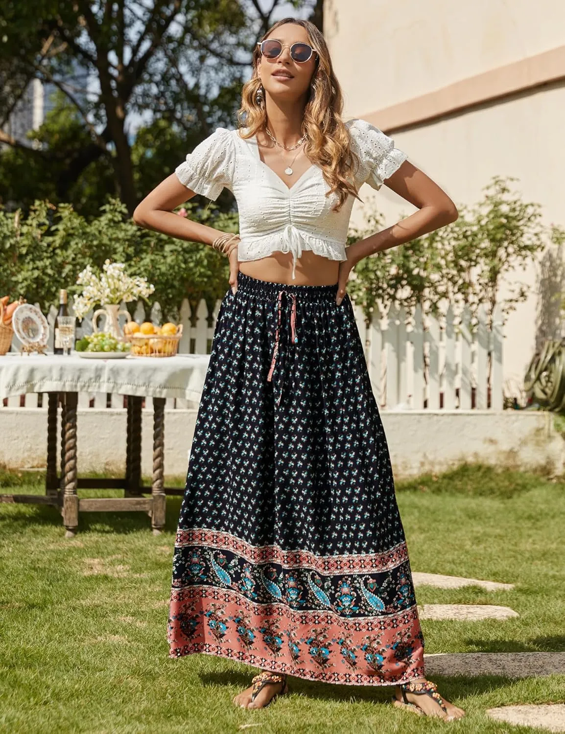 Bluetime Women Floral Print Long Skirt Boho Summer Pleated Elastic High Waisted Casual Maxi Skirt