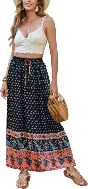 Bluetime Women Floral Print Long Skirt Boho Summer Pleated Elastic High Waisted Casual Maxi Skirt