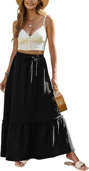 Bluetime Women Flowy Long Skirt Summer Pleated Elastic High Waisted Casual Tiered Maxi Skirt
