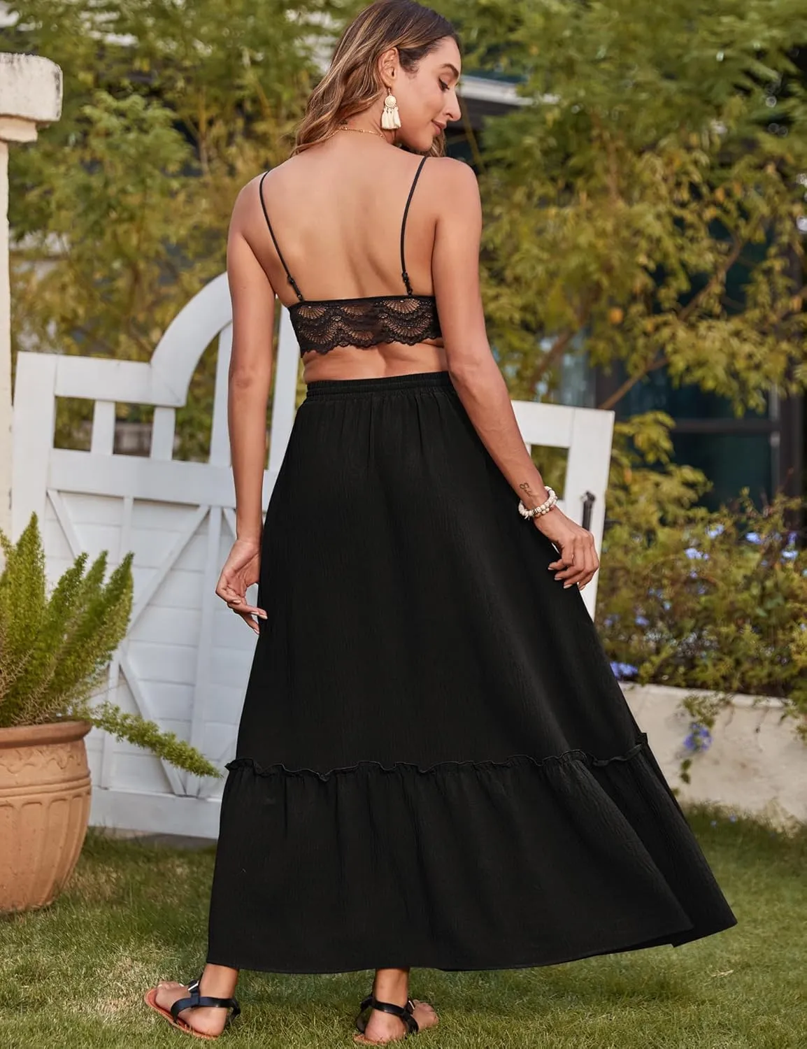 Bluetime Women Flowy Long Skirt Summer Pleated Elastic High Waisted Casual Tiered Maxi Skirt