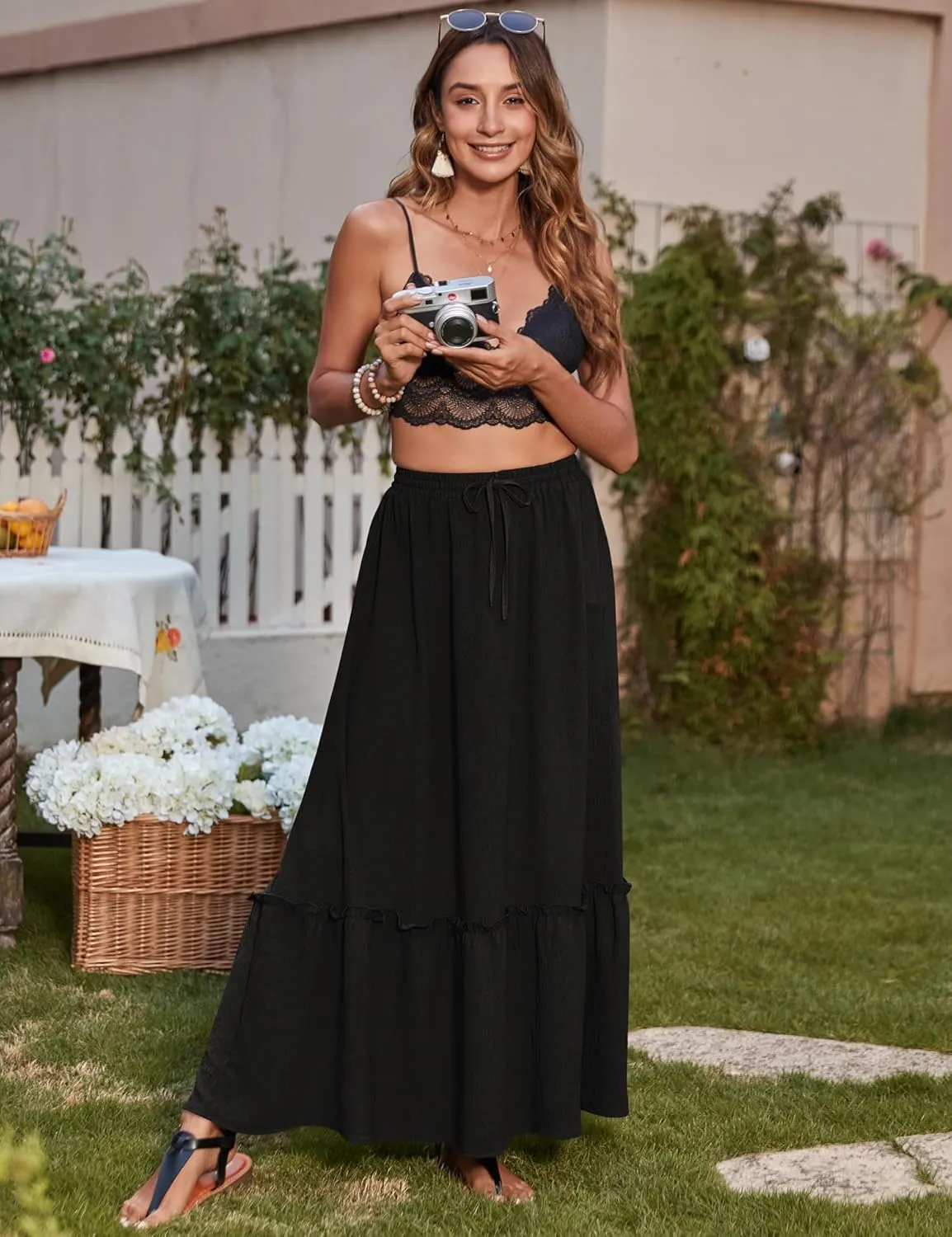 Bluetime Women Flowy Long Skirt Summer Pleated Elastic High Waisted Casual Tiered Maxi Skirt