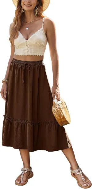 Bluetime Women Flowy Midi Skirt Summer Beach Pleated Elastic High Waisted A Line Tiered Skirt