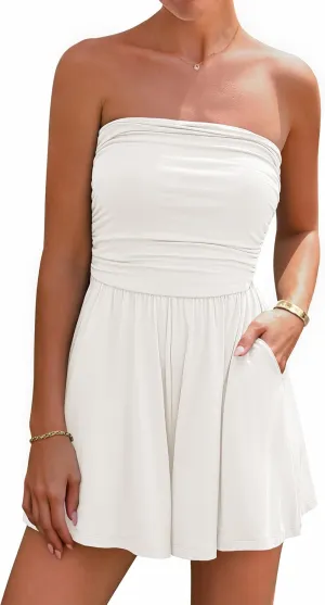 BTFBM Summer Womens Romper 2025 Spring Strapless Tube Beach Vacation Clothes Ruffle Boho Loose Shorts Jumpsuits Pockets