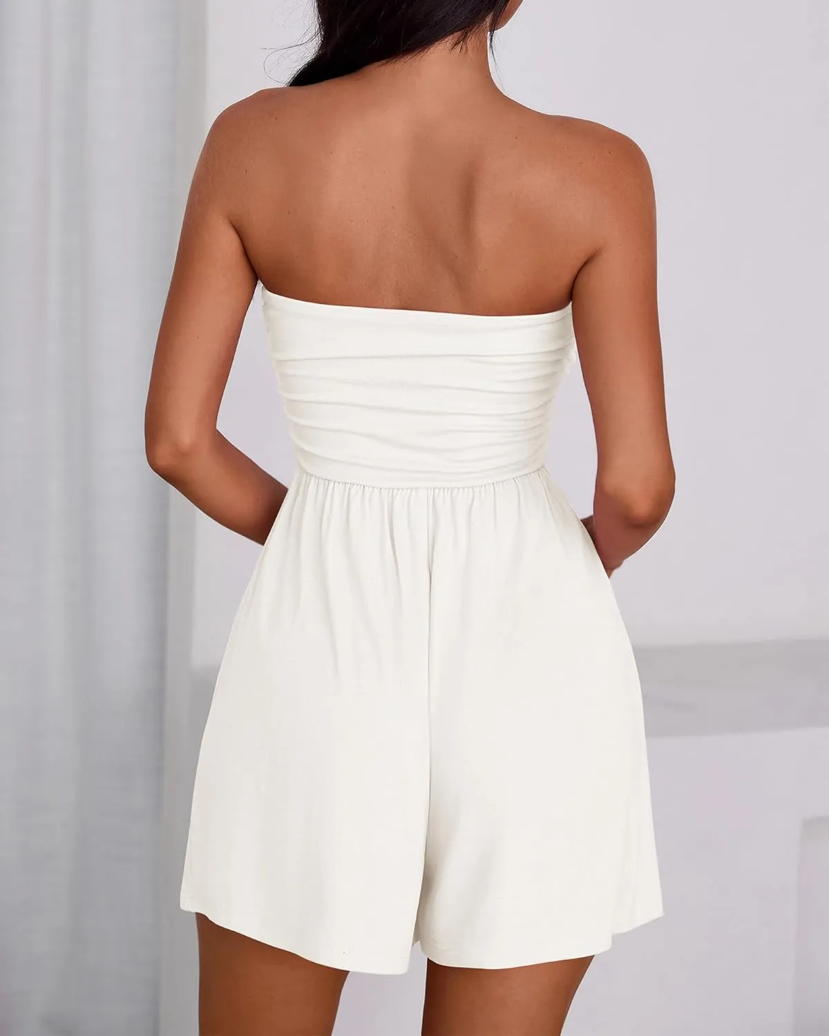 BTFBM Summer Womens Romper 2025 Spring Strapless Tube Beach Vacation Clothes Ruffle Boho Loose Shorts Jumpsuits Pockets