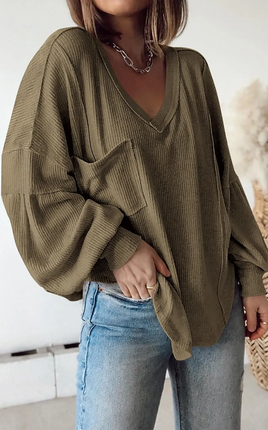 BTFBM Women's Ribbed Long Sleeve Tops 2025 Summer Spring Pullover Knit Casual V Neck Blouses Trendy Loose Fit Tunic Top