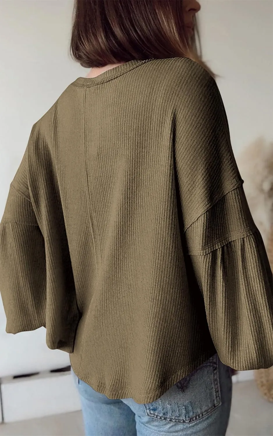 BTFBM Women's Ribbed Long Sleeve Tops 2025 Summer Spring Pullover Knit Casual V Neck Blouses Trendy Loose Fit Tunic Top